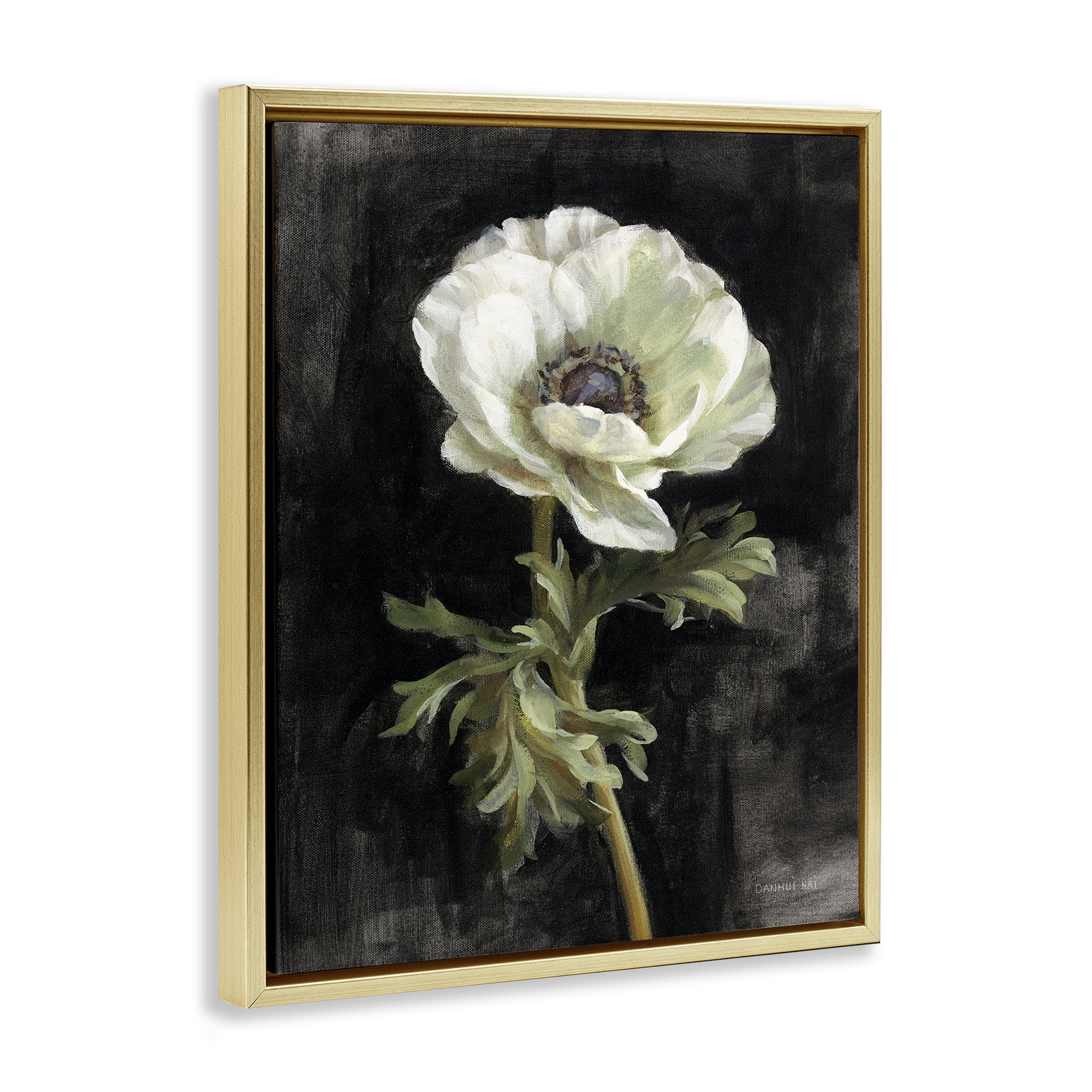 Stupell Industries Anemone on Black Plants & Flowers Painting Gold Floater Framed Canvas Art Print Wall Art, 25 x 31