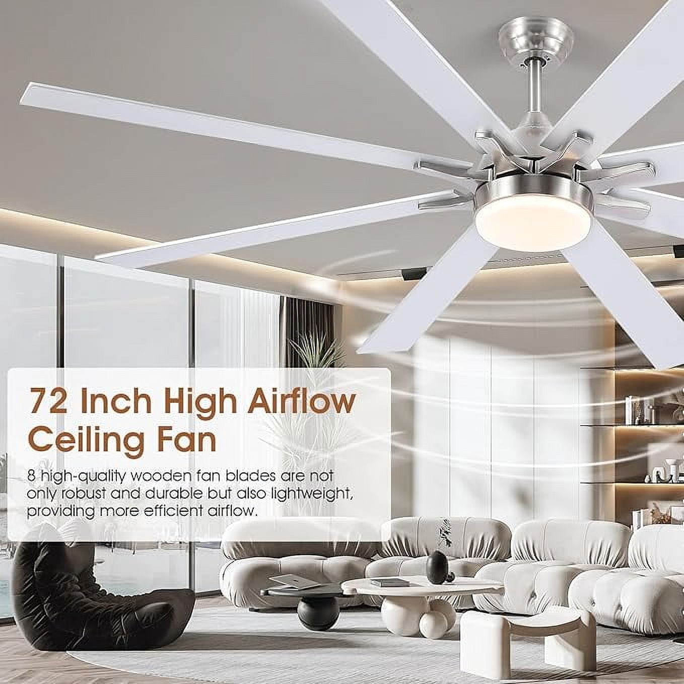 PHORUS 72" Modern Ceiling Fan with LED Light, Quiet Reversible Motor, 6-Speed Remote Control, Adjustable Height, Silver– For Large Rooms & Covered Patios
