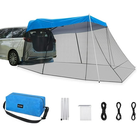 Car Awning Sun Shelter with Mosquito Net, Portable SUV Tent Tailgate Shade Car Canopy for Outdoor Camping Car Travel (Blue)