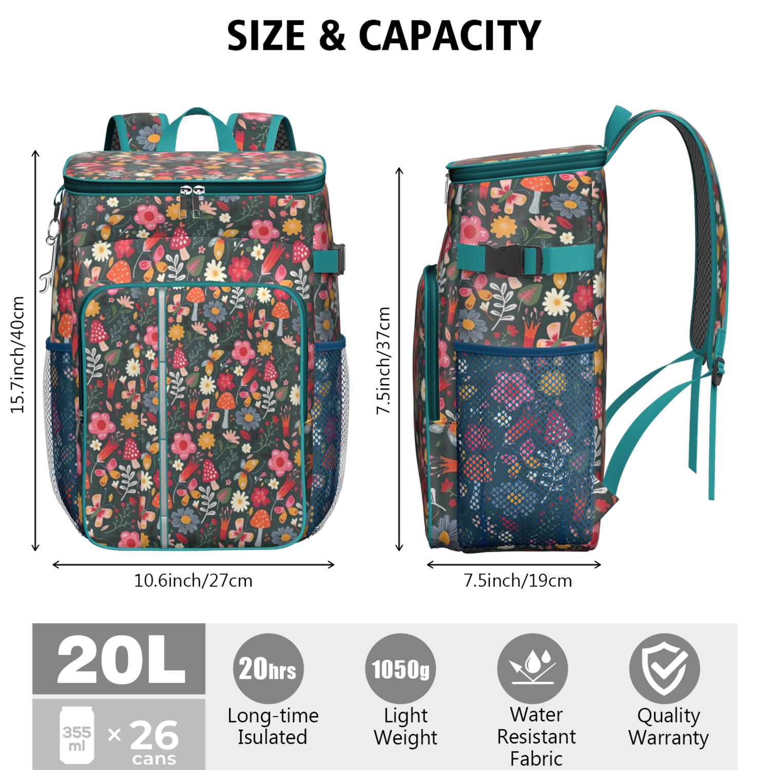 Travel Cooler Bag - Pioneer Flower Floral Print Pattern Camping Beer Cooler Backpack with Bottle Opener- Waterproof Insulated Picnic Backpacks - Cooler Bag for Beach