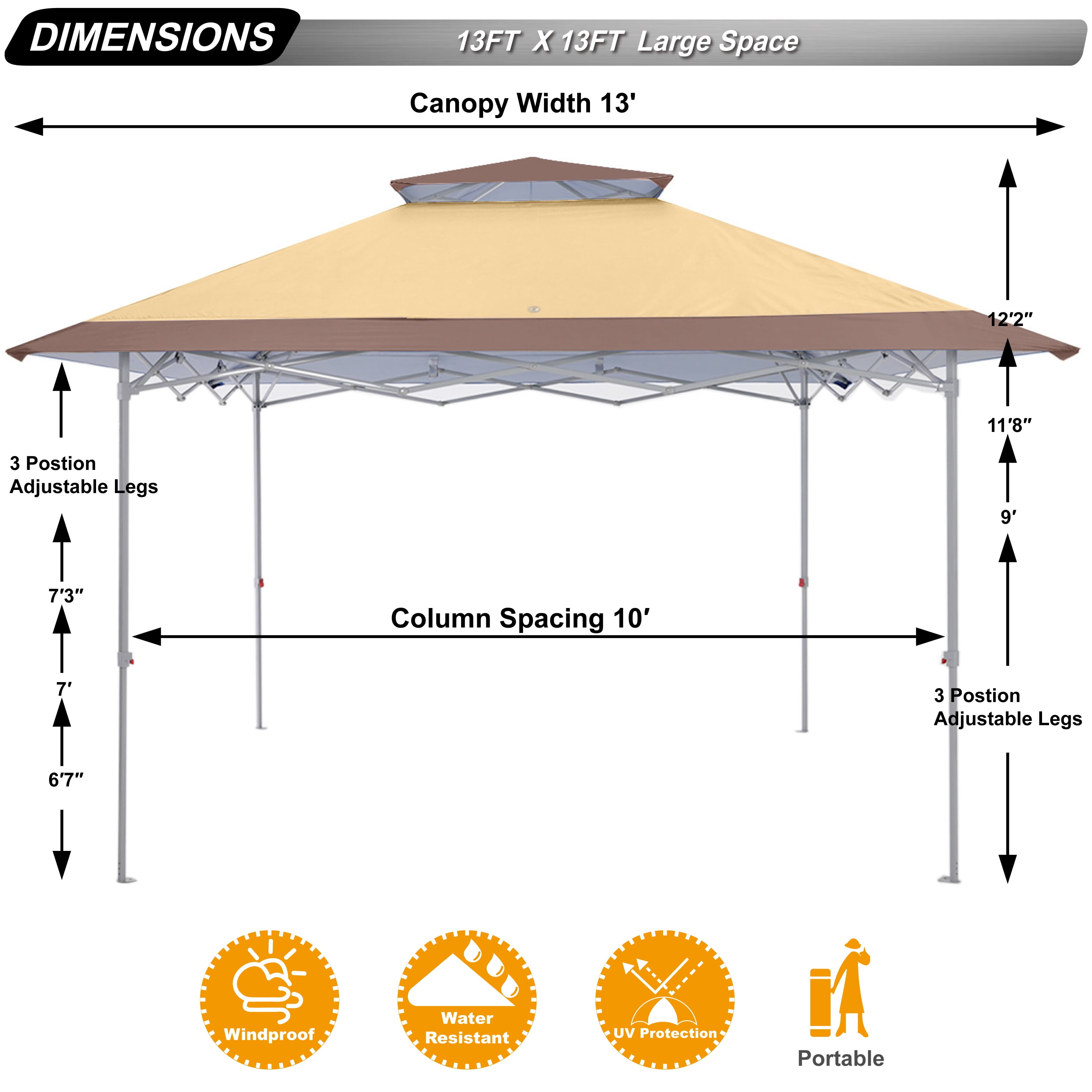 ABCCANOPY 13 ft x13 ft Outdoor Gazebo Pop up Sun Shade Canopy Tent, Khaki