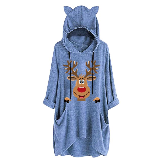 Top de manga larga con cuello redondo y capucha para mujer con estampado navideño y bolsillo suelto para mujer Pompotops FGAJ11184