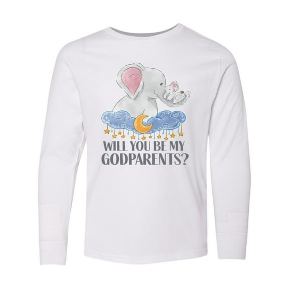 Inktastic Will You Be My Godparents? Cute Elephants Moon and Stars Long Sleeve Youth T-Shirt