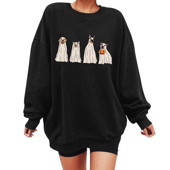 Gunia Women'S Halloween Ghost Sweatshirts Graphic Print Brushed Oversized Sweatshirt Crewneck Long Sleeve Shoulder Pullover Tops Hoodie Fall Fashion Clothes Black S-2Xl