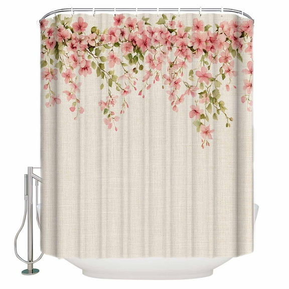 72x78 Inch Shower Curtain Pastoral Flowers Bathroom Decor Waterproof Fabric Bathtub Bath Curtains Decorative Pink Cherry Floral Leaves Retro Beige Extra Long Shower Curtain Set with Hooks