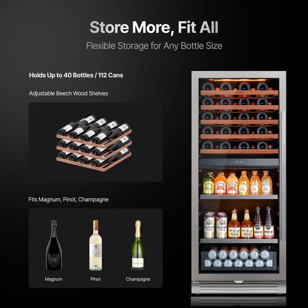 Ca'Lefort Wine and Beverage Fridge, 24 inch Dual Zone 40 Bottle + 112 Can Tall Beverage Fridge for Home/Bar, Freestanding & Built-In