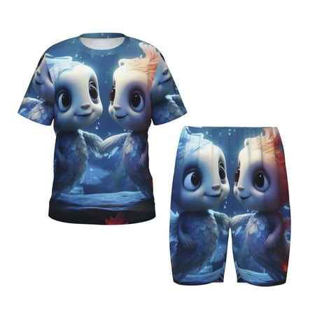 Luyuia Cute Fish Flower Couple Print Girls  2-Piece Tie-Dye Pajama Set  Cute Summer Loungewear with Shirt and Tank Shorts Nightwear-Small