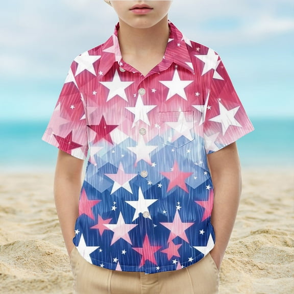 MKOSPLRT Patriotic Shirts for Boys Girls Short Sleeve Button Down Shirts USA Star Stripes Fourth July Tee Shirts 2-15 Years