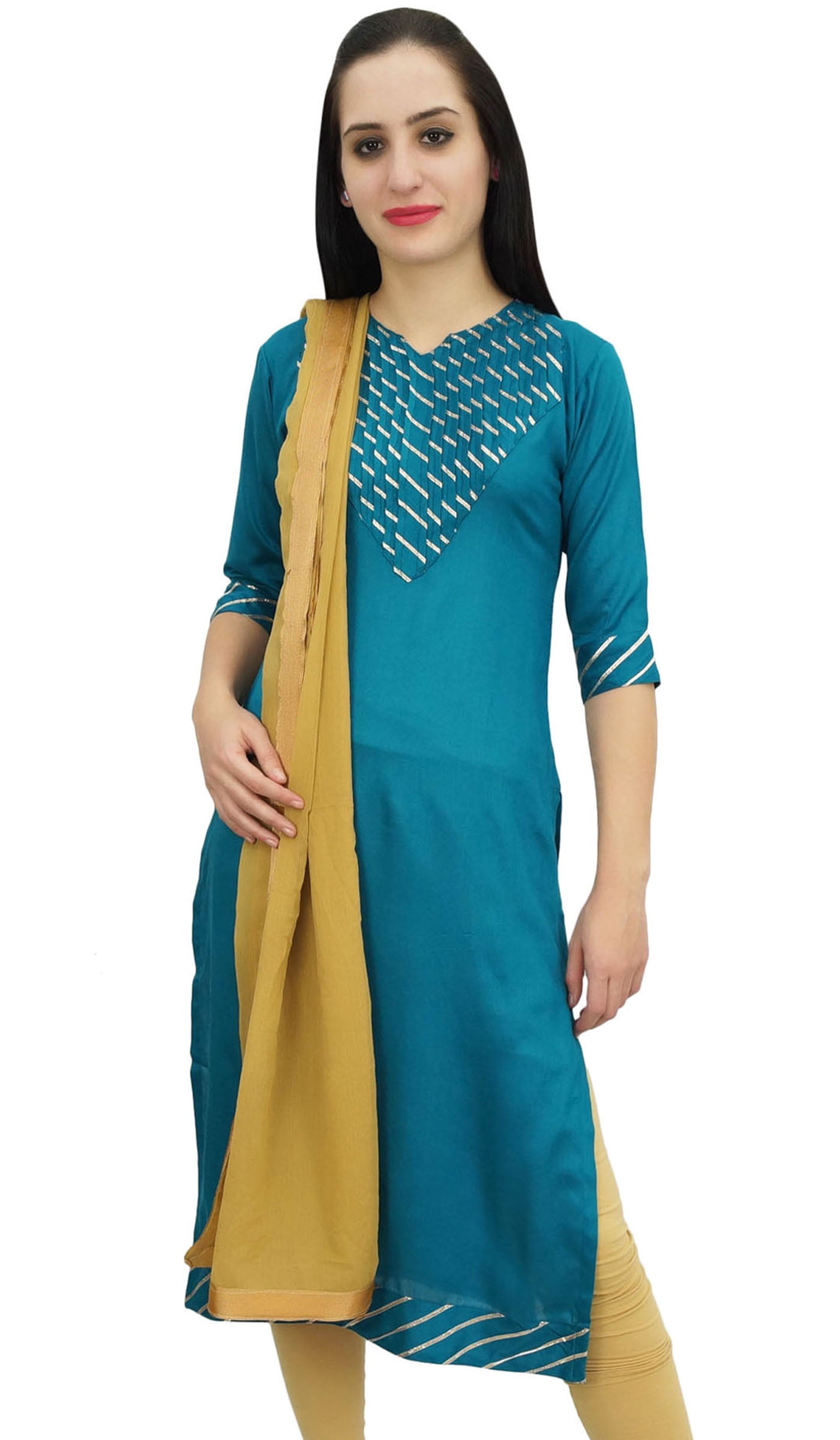 Women Stylish Turquoise Cotton Short Kurti With Elegant Work