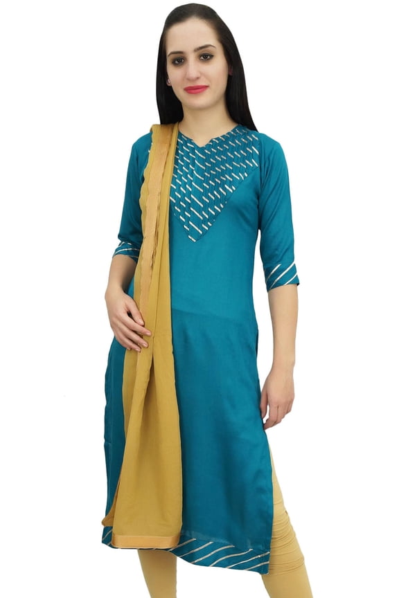 Turquoise Gotta Patti Work Rayon Straight Kurti Women's Casual Clothing - 26