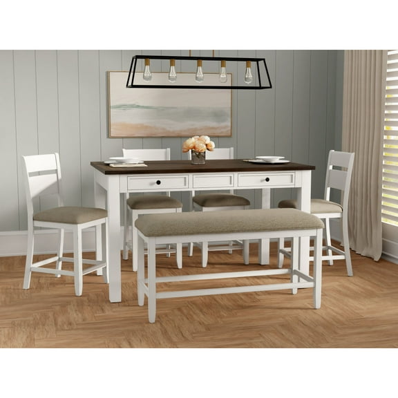 6-Piece Gathering Dining Set for 6 People, 60" Rectangular Wood Dining Table with 1 Bench & 4 Chairs for Dinning Room, White