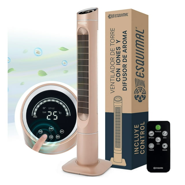 Ventilador de Torre 128 cm ESQUIMAL con Ionizador, Purificador de Aire con caja de Aromas, Panel Táctil LED, Oscilación 90°, Temporizador 7.5 h, Color Cobre.