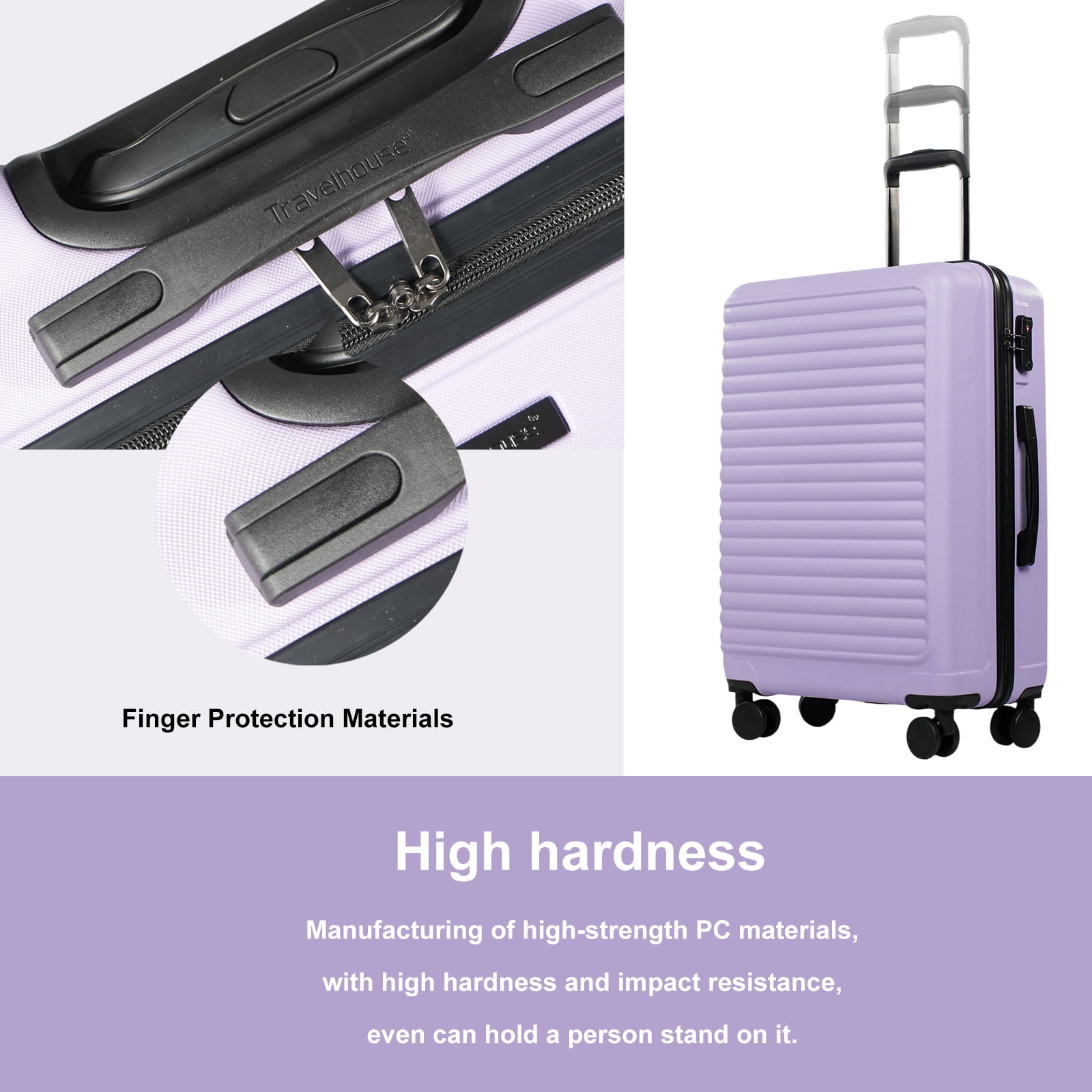 Travelhouse 3 Piece Hardside Luggage Set Hardshell Lightweight Suitcase with TSA Lock Spinner Wheels 20in24in28in.(Light Purple)