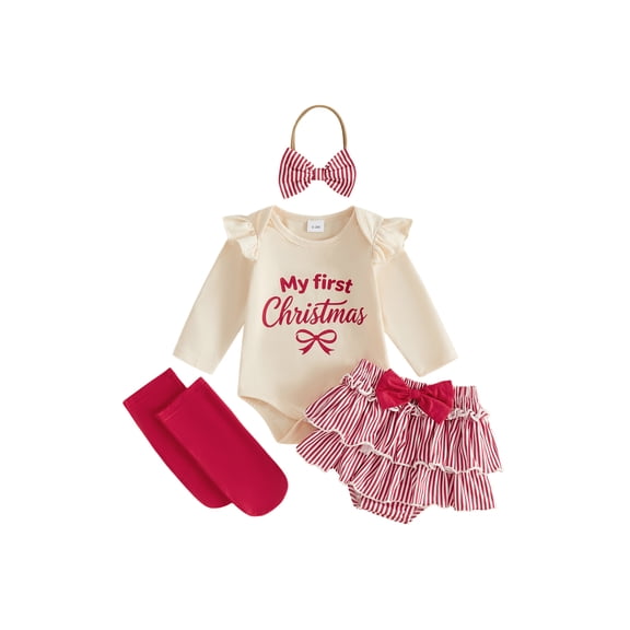 Loicainy Infant Baby Girl Christmas Outfit 3 6 12 18 Months Letter Romper Striped Shorts Headband Stockings Clothes Set