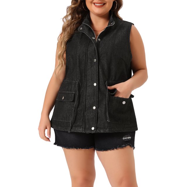 GRACE & GRANDEUR Women's Plus Size Fashion Sleeveless Jacket Drawstring Zip Denim Vest 2X Black