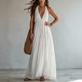 thumbnail image 6 of Halter Neck V-Neck Sleeveless Maxi Dress Solid Color Flowy Dress Casual Summer Party Evening Gown for Women White XL(XL), 6 of 8