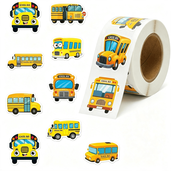 CCOCC 500Pcs School Bus Stickers Roll 1" Waterproof Cartoon Bus Labels with 16 Cute Designs for Water Bottles Scrapbooking Teacher Rewards Gift Wrapping Journals Diy Crafts