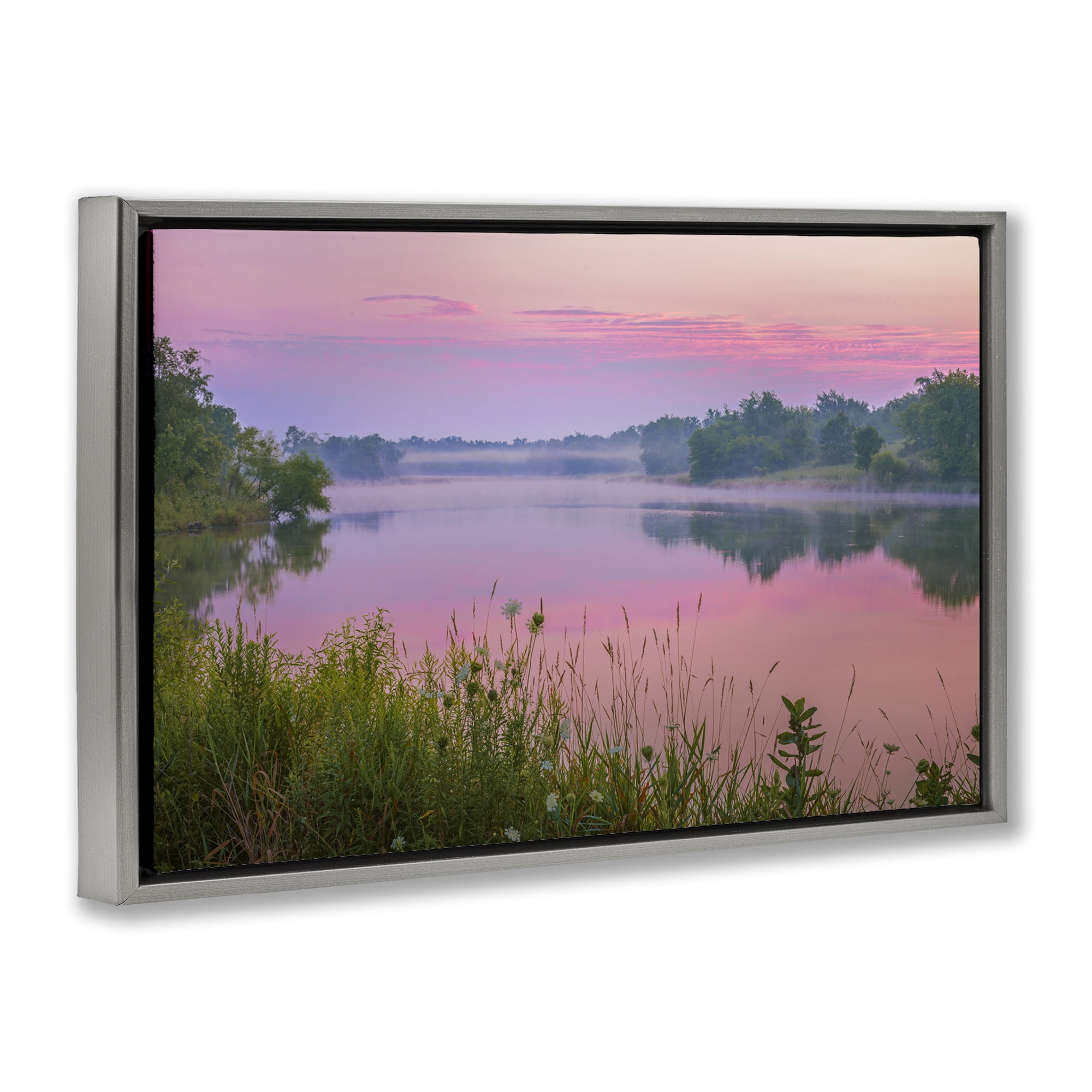 Stupell Industries Pink Dawn Sunrise Lake Landscape & Nature Photography Gray Floater Framed Canvas Art Print Wall Art, 31 x 21