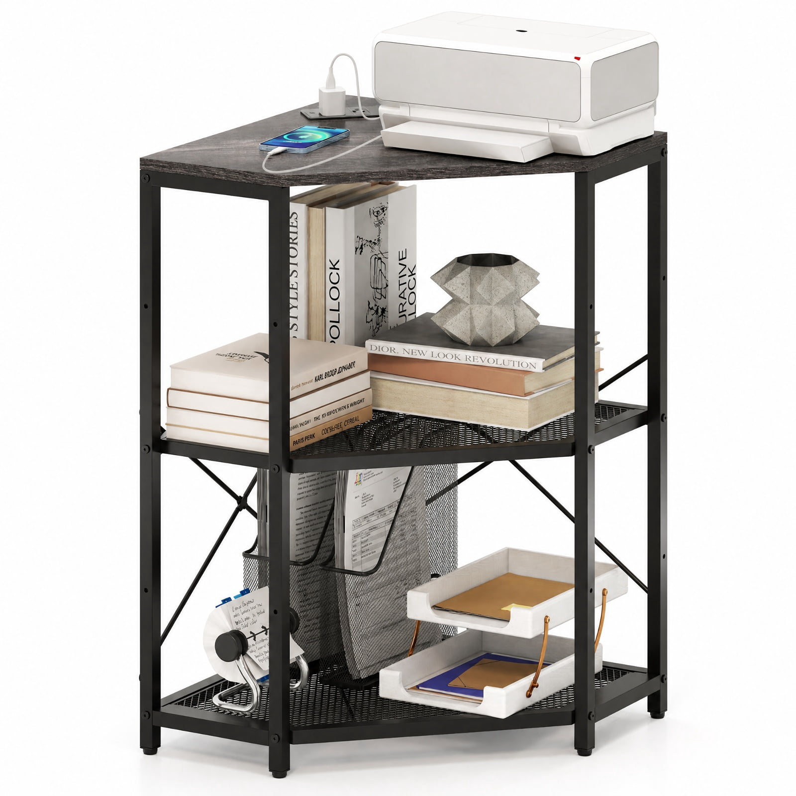 Furnibear Corner Printer Stand with Power Outlet 3-Tier Storage Rack with Adjustable Shelf for Home Office Printer Machine Under Desk Storage, Black