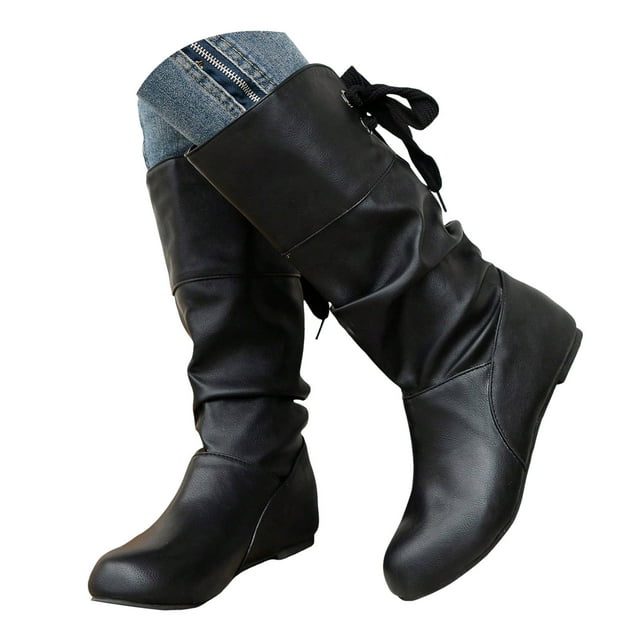 Dakaela Womens Slouch Flat Boots Round Toe Mid Calf Cowgirl Western Booties Winter Walking Work Boot