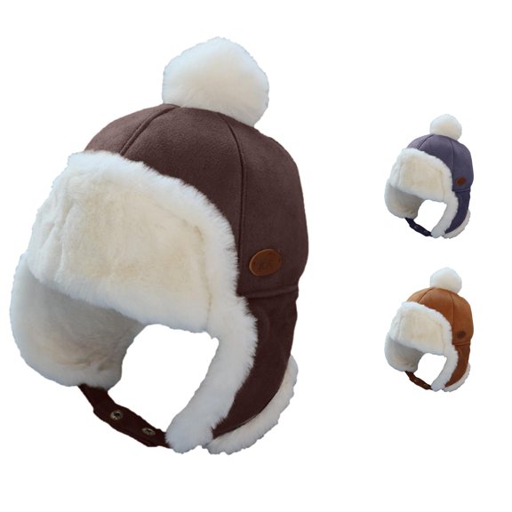 Krdevn Kids Winter Suede Trapper Earflap Hat Single Pom Pom Plush Lined Adjustable Snap Strap Windproof Warm Unisex Outdoor Headwear for Toddler Boys Girls