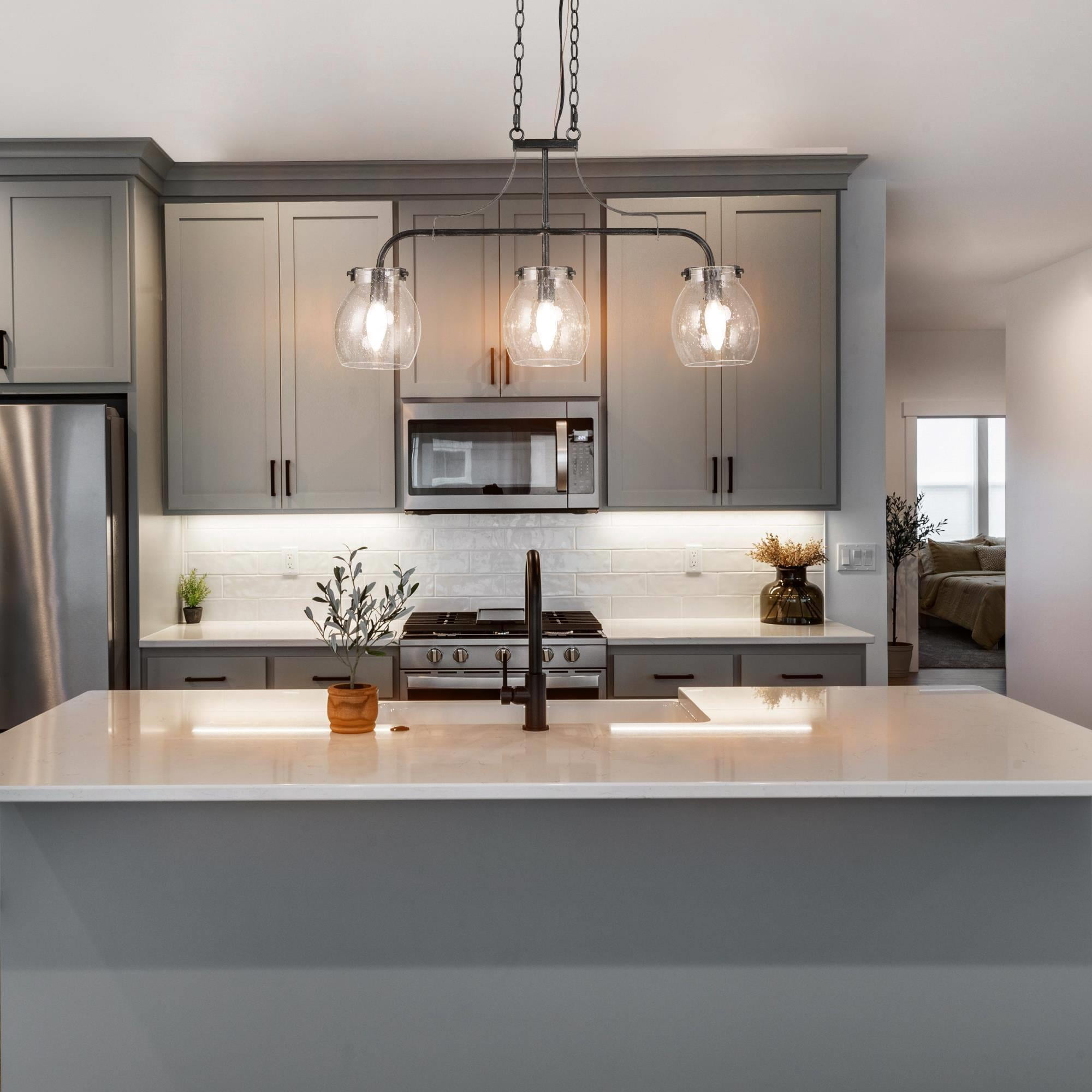 LNC 3-Light Mottled Black Linear LED Pendant with Seeded Glass for Kitchen Island