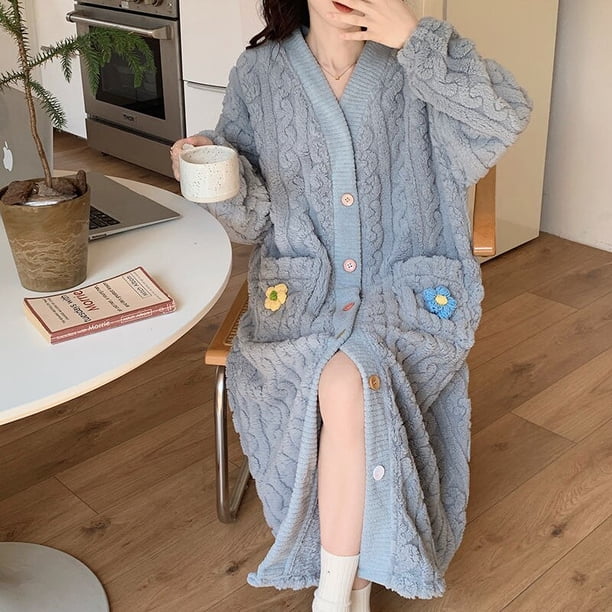 Camisón de manga larga con apliques para mujer, ropa de dormir con botones, pijama de lana cálida, ropa de casa japonesa para invierno