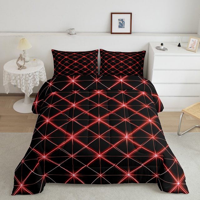 Erosebridal Geometric Abstract Comforter Sets Queen Size, Neon Red Comforters & Duvets, Modern Minimalst Decor , Breathable 3pcs