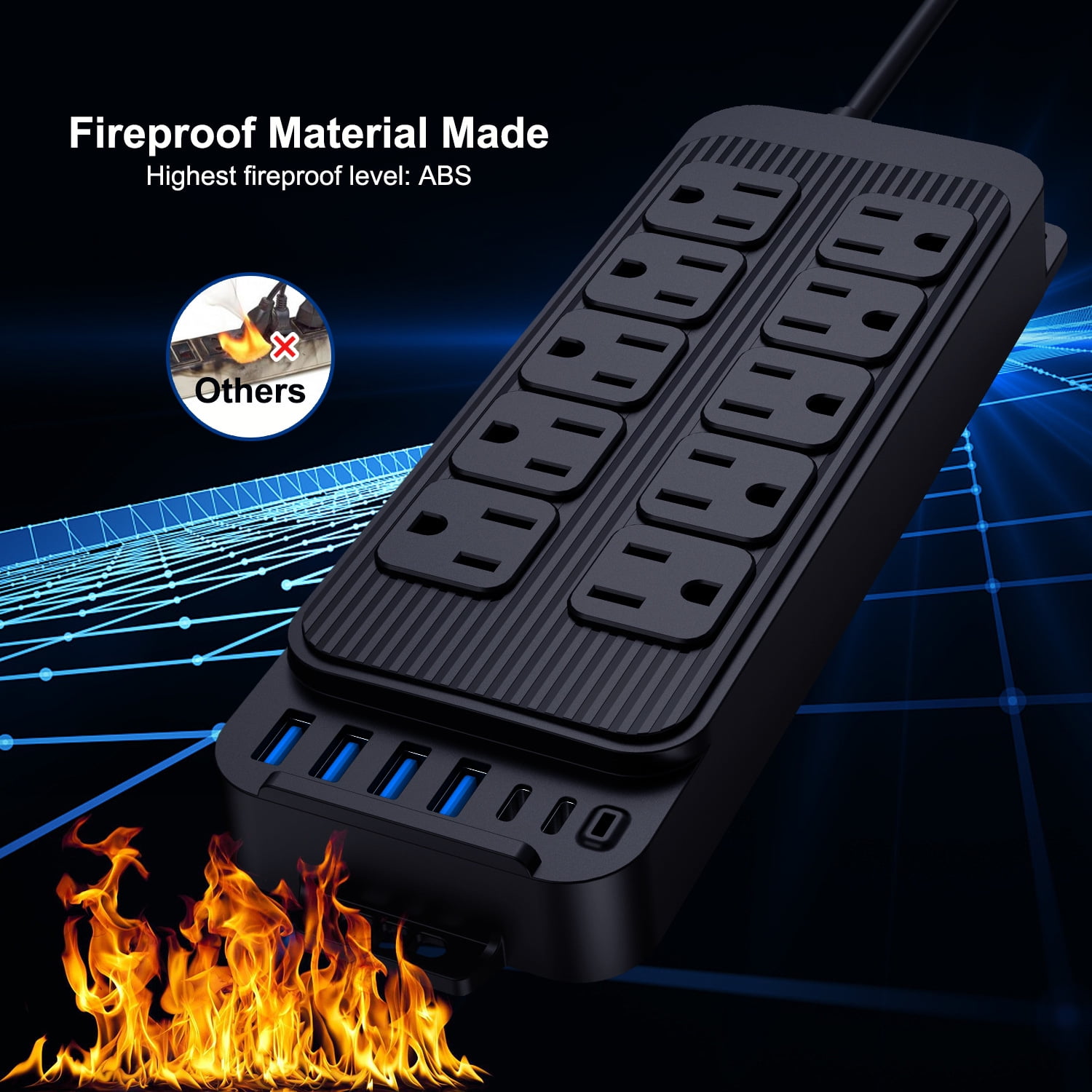 16-in-1 Surge Protector Power Strip with 10 Outlets & 6 USB Ports (2 USB-C), 4ft Thin Flat Extension Cord for Home, Office, TravelHome, Office, Travel