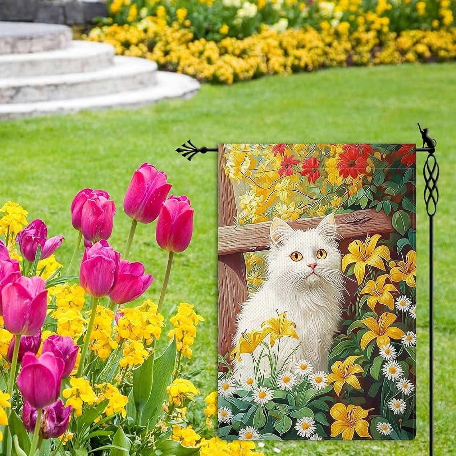 Spring Cute White Cat Garden Flag Spring Summer Floral Flowers Garden Flag Vertical Double Sided Rustic Farmland Burlap Yard Lawn Outdoor Decor
