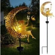Qoosea Fairy Garden Solar Lights, Fairy Moon Figurine Light Stake, Yard Decorations Outdoor Garden Decor statues, Vintage Gold Lighting