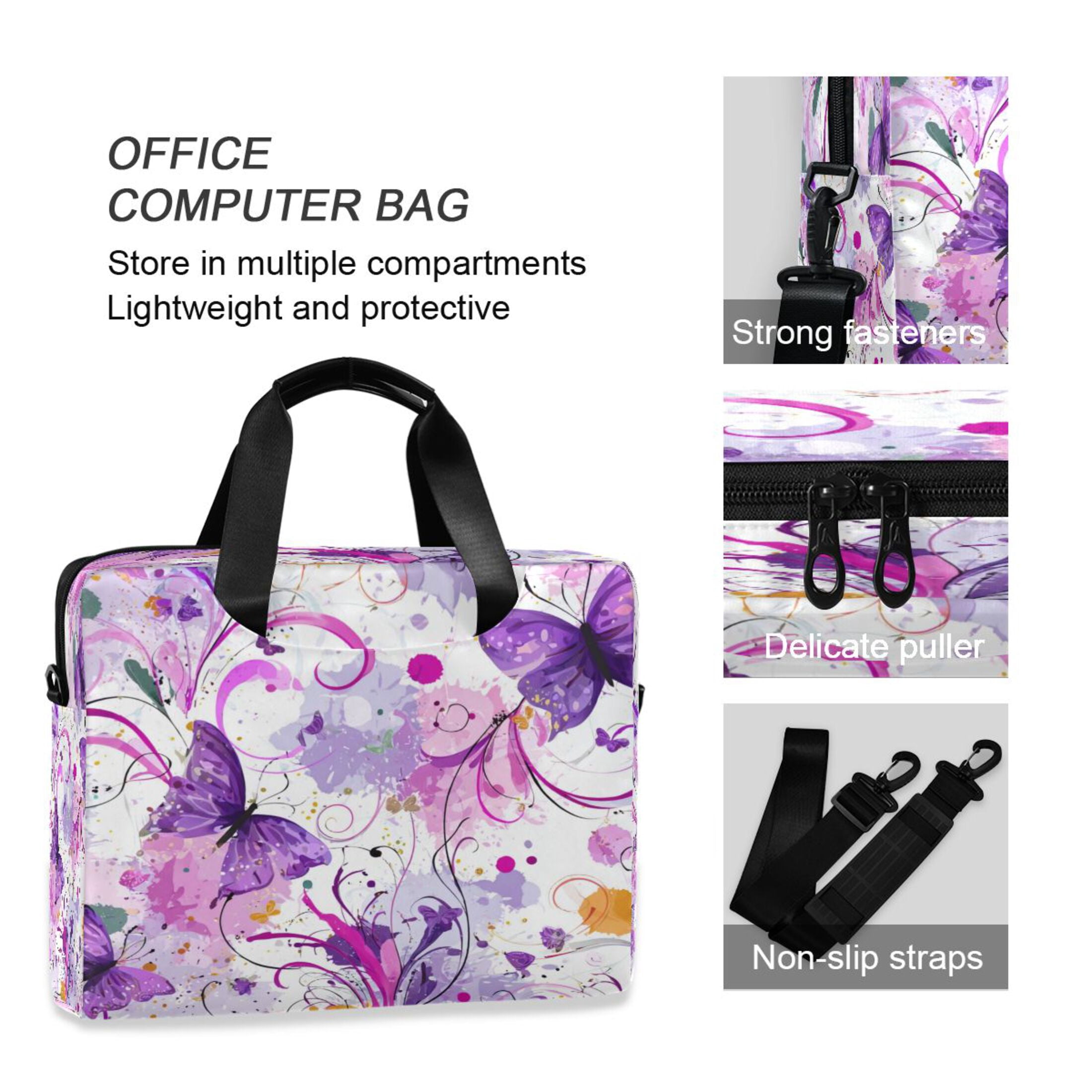 16" Laptop Tote Bag Laptop Sleeve Case Computer Briefcase for Work & Travel Purple Butterfly with Swirls
