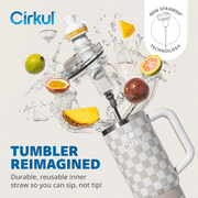 Cirkul 30oz Travel StrawSip Double-Wall Insulated Stainless Steel Tumbler with Handle, Taupe Tartan (Tan & White Checkerboard)
