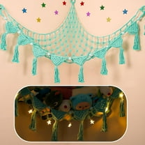 Stuffed Animal Storage Hammock Corner, 56'' Jumbo Boho Macrame Tassel Toy Holder Wall Mounted, Hanging Net Organizer for Nursery Decor, Aqua Plush Toy Net with Star Light for Boys Girls Gift