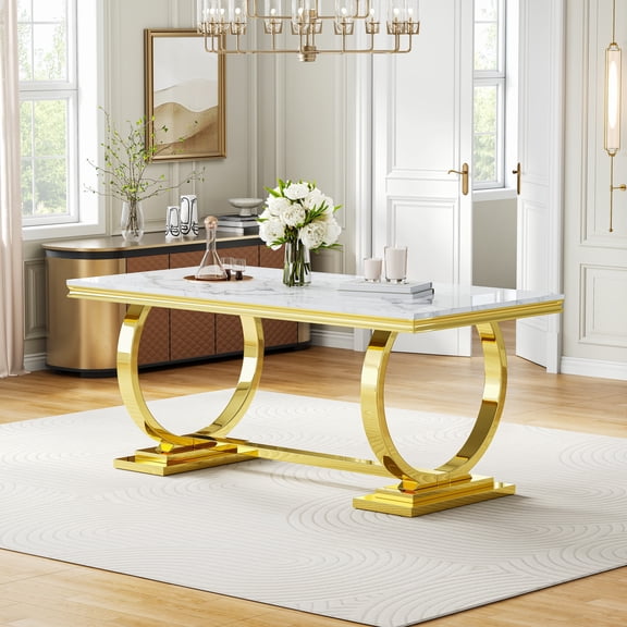 70" Rectangular Marble Dining Table, Polished Stainless Steel O-Shaped Base and Faux Marble Top for Dining Room or Kitchen