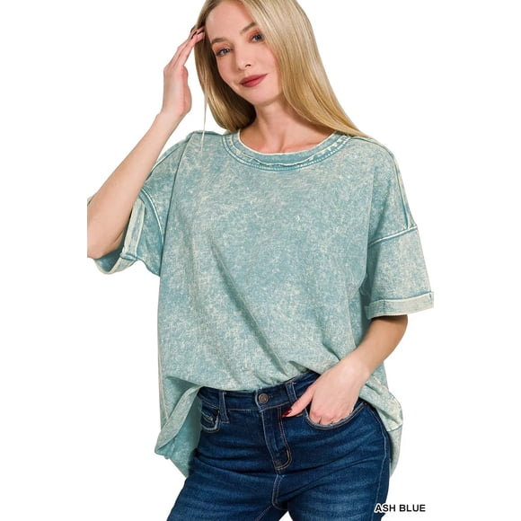 Je Suis une Accro de la Mode Zenana T-Shirt en Tissu Éponge Français Délavé à l'Acide (ASHBLUE, P/M)