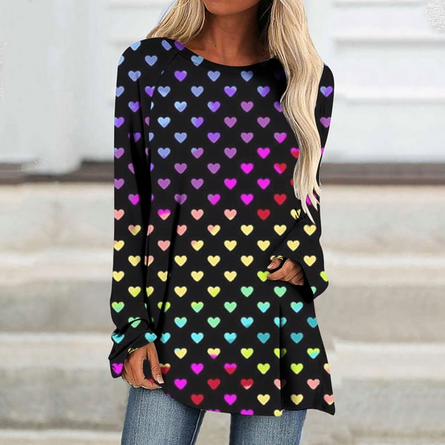 Juebong Chandail en Molleton pour Femmes Imprimé Saint-Valentin Col Rond Décontracté Léger à Manches Longues Chandail-Over, Chemises Multicolores pour Femmes, P