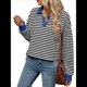 thumbnail image 1 of Sudaderas A Rayas de Talla Grande para Mujer, de Larga, con Cuello de Solapa, Informales, Suaves, Tipo Pulóver, Camisetas Negro S, 1 of 10