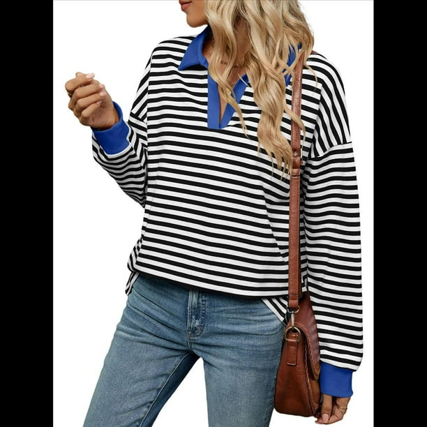 Sudaderas A Rayas de Talla Grande para Mujer, de Larga, con Cuello de Solapa, Informales, Suaves, Tipo Pulóver, Camisetas Negro S