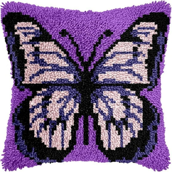 Purple Butterfly Latch Hook Pillow Kits Pillow Cover with Pattern Printed Canvas Sofa Hooking Pillowcase Cushion Crafts Embroidery Latch Hooking Crochet Starter Kits 17x17 inch(1)
