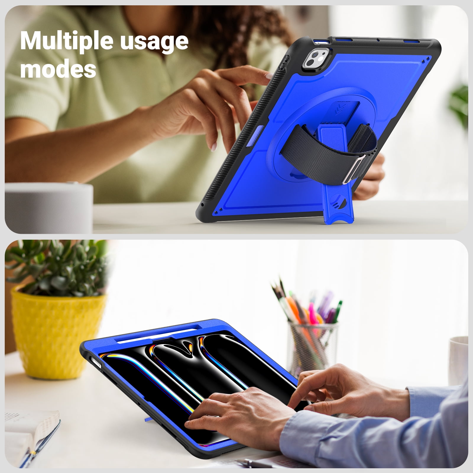 ELEHOLD Case for Apple iPad Pro 13 2024,Soft TPU Rugged Durable Case with 360° Rotating Hand Strap & Foldable Hidden Stand & Pencil Holder,Darkblue