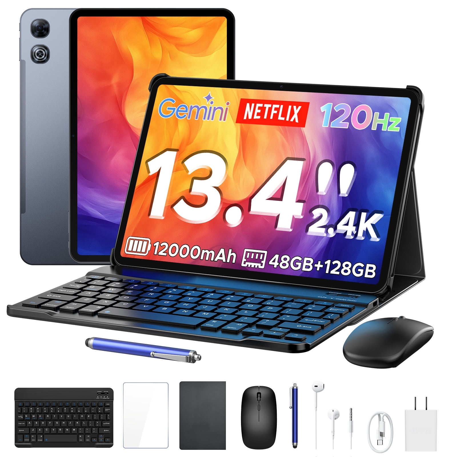 Aorlym P13 Android 16 Tablet, 13 inch Tablets with Gemini AI, IPS 2.4K, 120Hz, 48GB RAM+128GB ROM/2 TF, 12000mAh/18W, T7280 Octa-Core, 16MP, Face ID, 5G WiFi, GPS, OTG, Keyboard Stylus