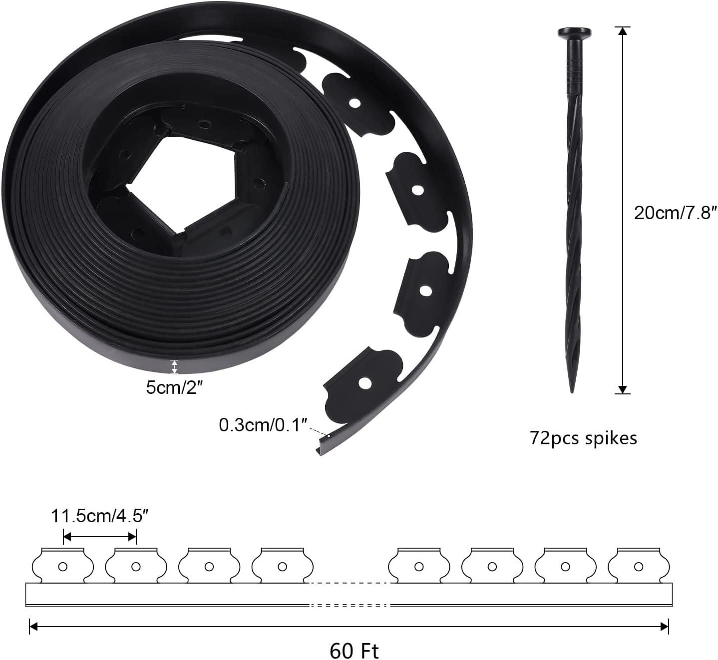 No Dig Durable Garden Landscape Edging Kit, Black Plastic Lawn Border with 24pcs Anchoring Spikes for Landscaping, Flower Gardens, Lawn (60FT+72pcs Anchoring Spikes)
