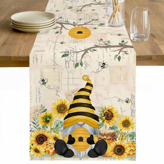 Gnomes Sunflower Table Runner - 120 Inch Long Bees Branches Floral Watercolor Cotton and Linen Blended Dress Scarves Farmhouse Table Runner for Kitchen Dining, Coffee Table, 13" x 120"