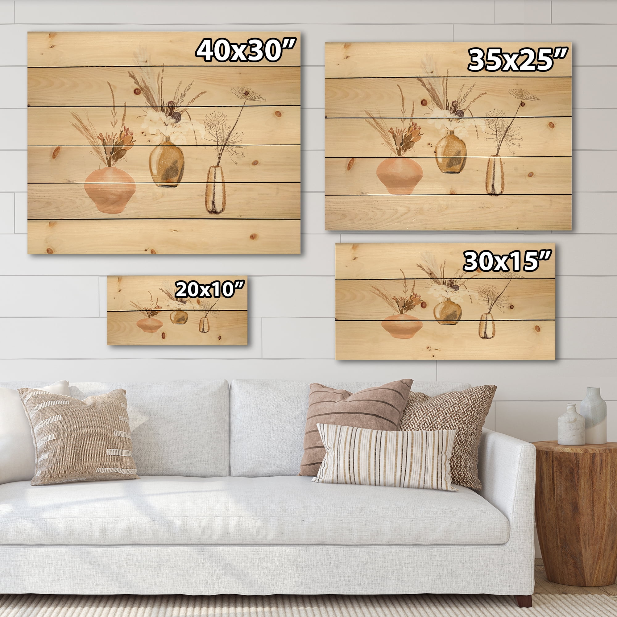 Designart 'Gold Vases With Bouquets Of Wildflowers I' Traditional Print on Natural Pine Wood