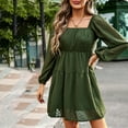 thumbnail image 4 of BLVB Womens Fall Spring Dresses Cute Square Collar Ruffle Long Sleeve Dress Casual Swing vacation Beach Mini Dress Army Green, 4 of 5