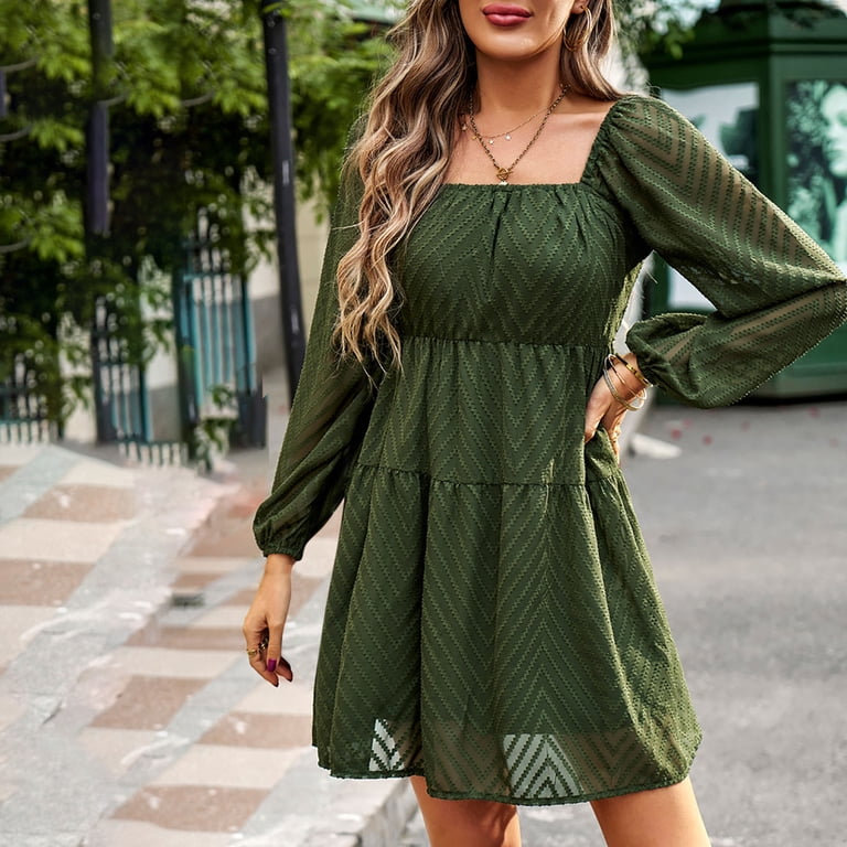 white christmas dresses Dark Army Green Prom Dresses Puff Sleeve Vintage Formal Gown BJ009 –  Viniodress main image 0