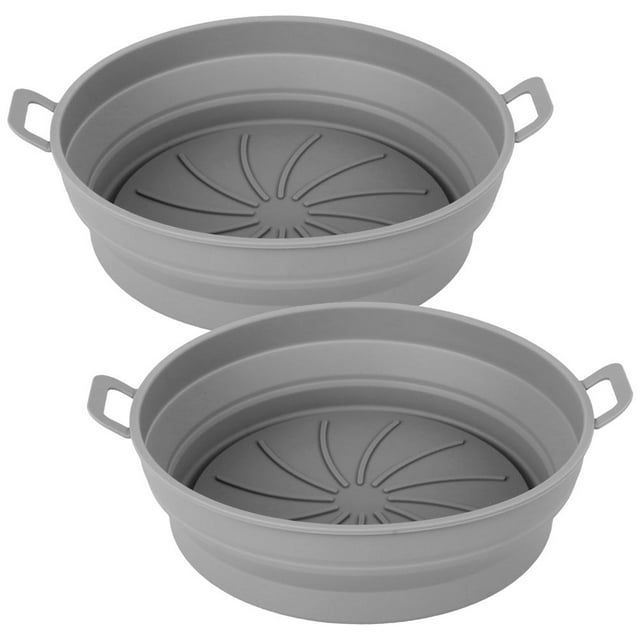 2Pcs Air Fryer Silicone Pot with Handle Reusable Non-stick Foldable Air Fryer Accessories Liners for Double Basket Rectangular-Black