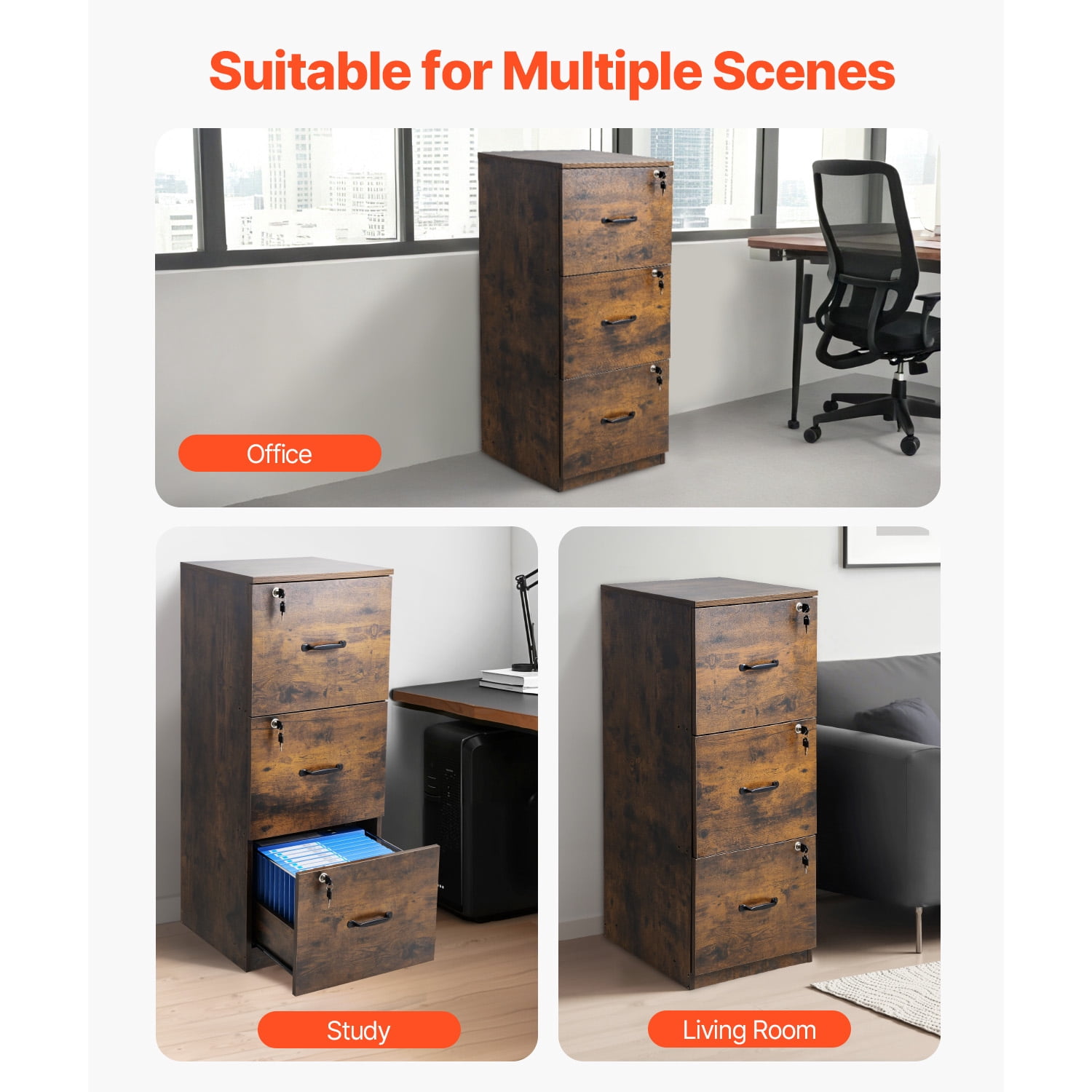 KFFKFF Lockable 3-Drawer File Cabinet, Metallic Vertical Storage Units for Residential Offices, Robust Cabinet with Dual-Stage Adjustable Rod for A4/Letter/Legal Size Documents, Assembly Simplified