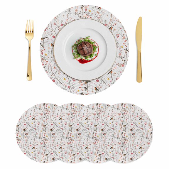 Flowers Birds Round 15 Inch Placemats Set of 4, Spring Botanical Floral Tree Branches HeatResistant Non Slip Place Mats for Dining Table, Wipeable Braided Kitchen Table Mats for Housewarming